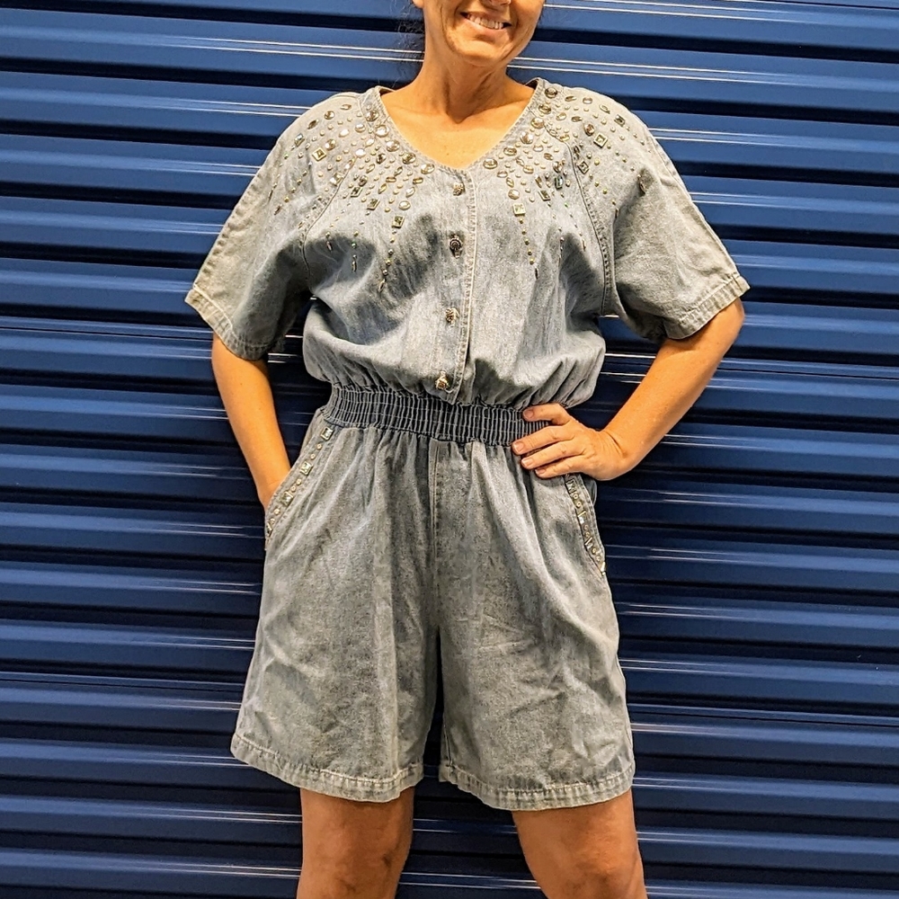 vintage 1980's DENIM SHORTS ROMPER 80's M